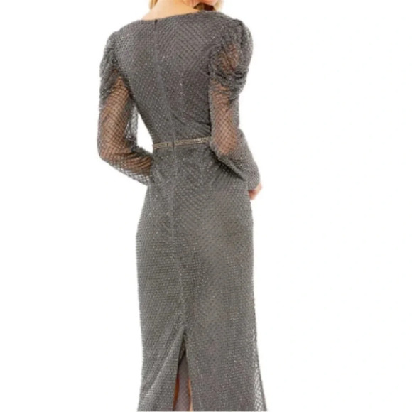 NWT Mac Duggal Charcoal 94674 Beaded Wrap Over Puff Sleeve Midi Gown 12 - Picture 2 of 12